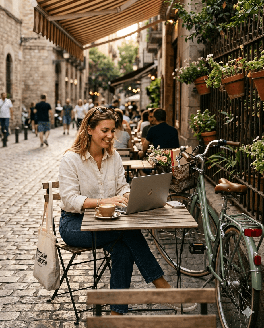 Woman working from a cafe terrace